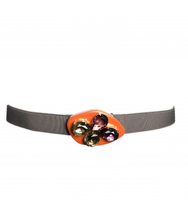 cintura EXQUISITE J elastico grigio con fibbia arancio+cristalli multicolor