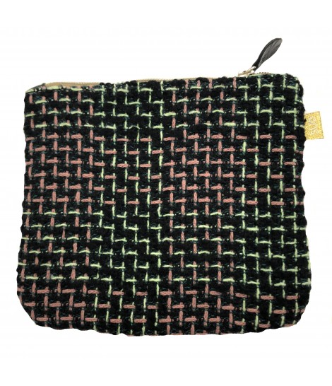 pochette a bustina SUD in tweed di lana nero, rosa e verde menta