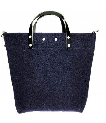 borsa shopping SUD a mano lana blu scuro con doppio manico in pelle e tracolla staccabile