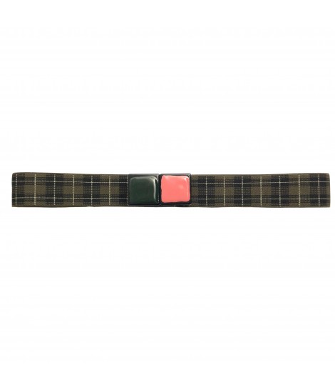 cintura EXQUISITE J elastico fantasia tartan verde militare e fibbia doppio cubo smalto rosa+verde