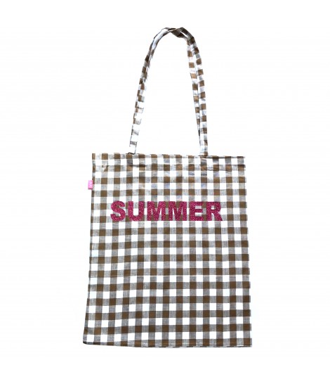 shopping bag SUD in cotone quadretti vichy marrone e bianco con scritta glitter fucsia "summer"
