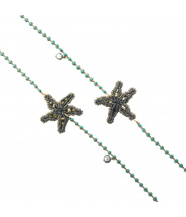 collana lunga TATABORELLO perline verde menta e stelle marine in ematite ricamate a mano