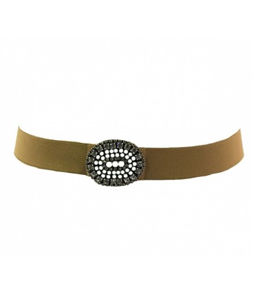 Exquisite j belt with camel elastic, maxi oval buckle+white crystals