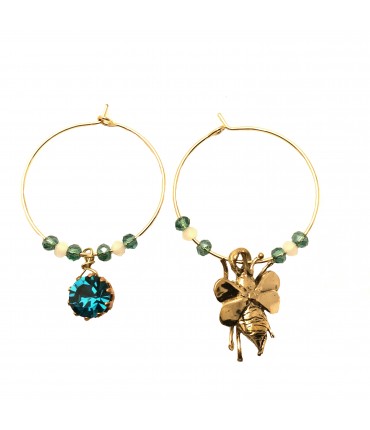 orecchini MAIDA MONILI in bronzo lucido con ciondolo ape e cristallo verde mare