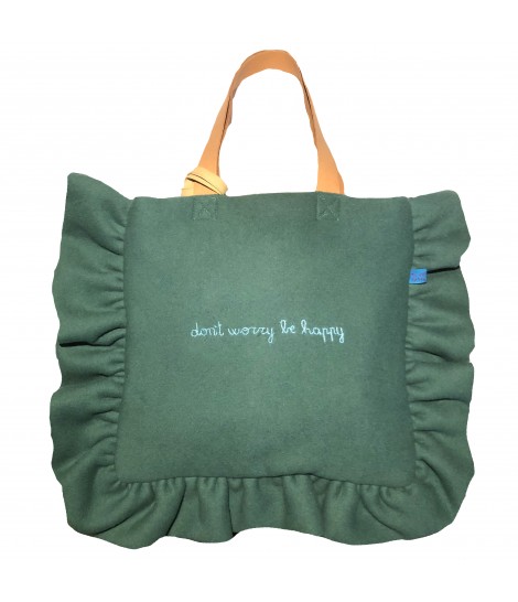 shopping bag VOLANTS VOLANT in panno di lana verde menta con ricamo a mano "don't worry be happy"
