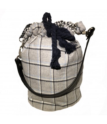 secchiello A PICAGETTA in panno di lana grigio a quadri con manico pelle  e tracolla staccabili