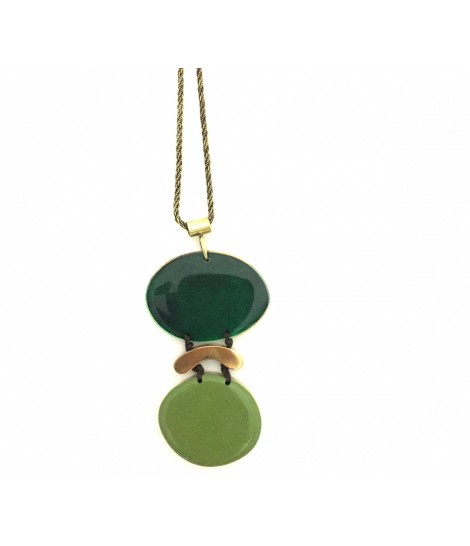 MAJO necklace in polished bronze and double medal with pistachio+emerald enamel