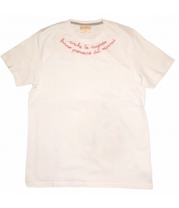 t-shirt VOLANTS VOLANT bianca ricamata a mano "anche le ragazze fanno promesse da marinai" rosso