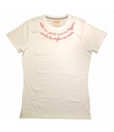 PRE-ORDINALA! t-shirt VOLANTS VOLANT bianca ricamata a mano "metti un po' di musica leggera perche' ho voglia di niente " rosso