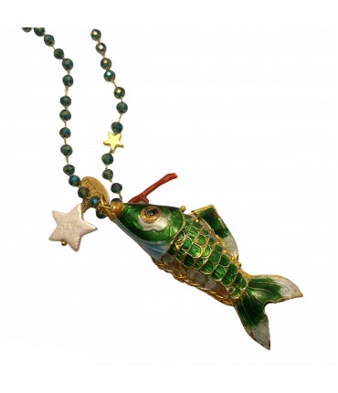 collana lunga MR BIGGY BIJOUX con maxi pesce in smalto cloisonne' verde e rosario verde mare