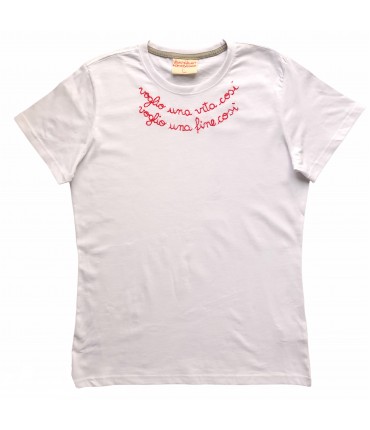 t-shirt VOLANTS VOLANT bianca ricamata a mano "voglio una vita cosi', voglio una fine cosi'" e retro "c'est la vie"