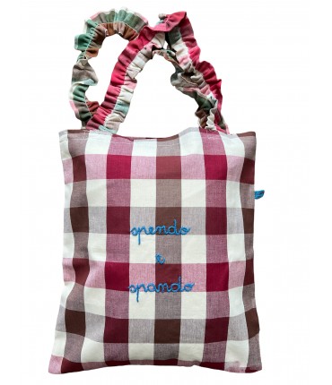 shopping bag a spalla VOLANTS VOLANT tela cotone marrone+ lampone ricamata a mano "spendo e spando"