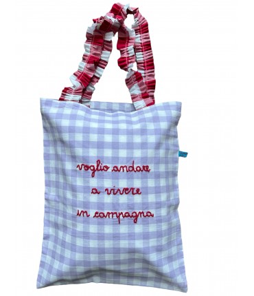 shopping bag a spalla VOLANTS VOLANT tela cotone vichy ricamata a mano "voglio andare a vivere in campagna"