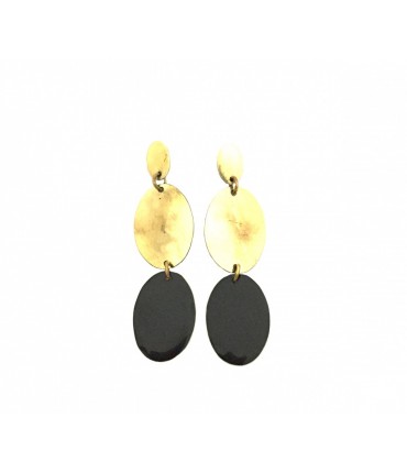 Pendant MAJO earrings with oval elements in polished bronze and black enamel insert
